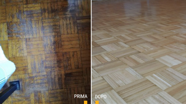 lucidatura, la riparazione, stuccatura di un pavimento rovinato in parquet prefinito o massello con vernice a solvente a Milano e Monza