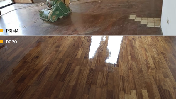 la lucidatura e la stuccatura di una stanza con un pavimento rovinato in parquet prefinito o massello