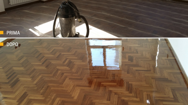 lucidatura, riparazione e stuccatura di un pavimento in parquet con vernice ad acqua a Milano e Monza